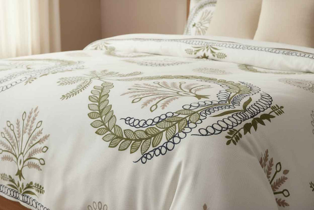 Double Bed Bedsheet – Botanical Wreath Print | White & Olive Green