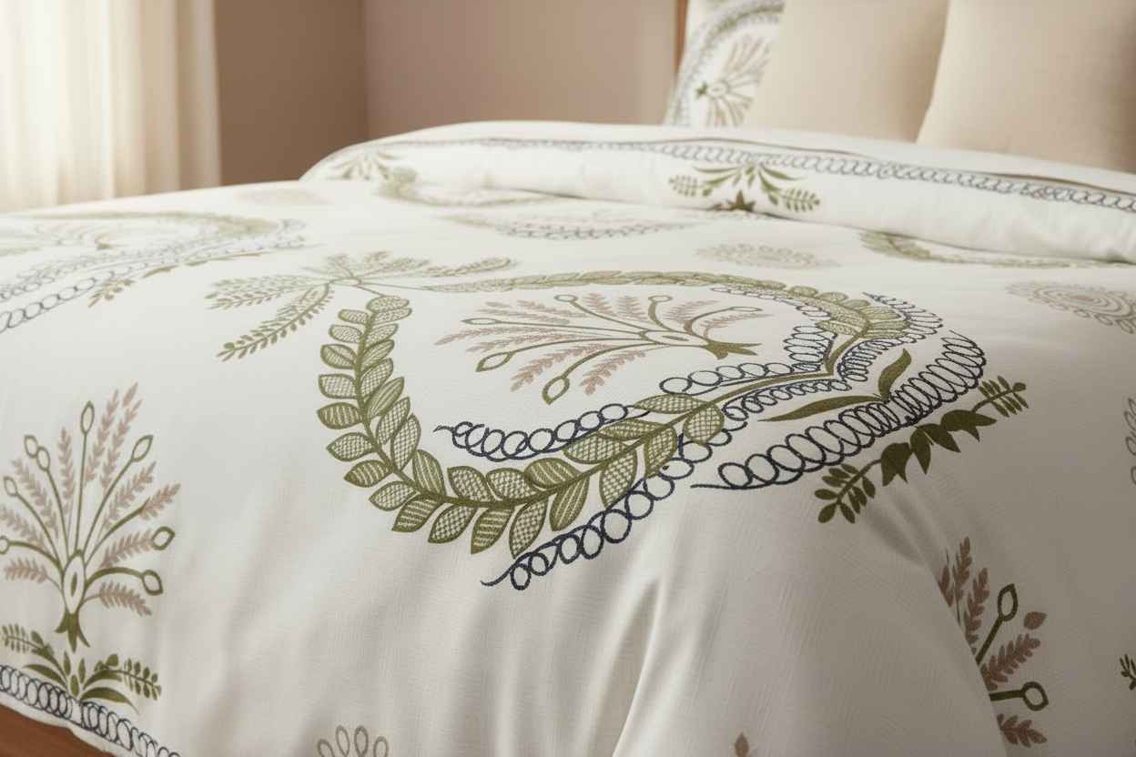 Double Bed Bedsheet – Botanical Wreath Print | White & Olive Green