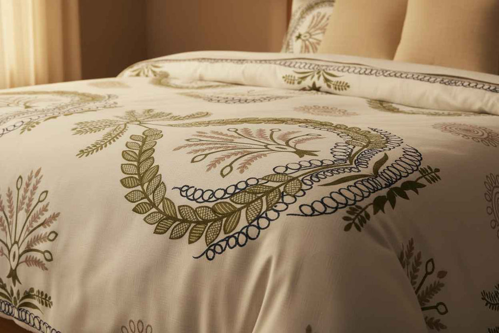 Double Bed Bedsheet – Botanical Wreath Print | White & Olive Green