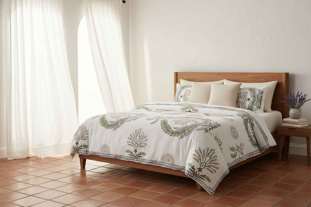 Double Bed Bedsheet – Botanical Wreath Print | White & Olive Green