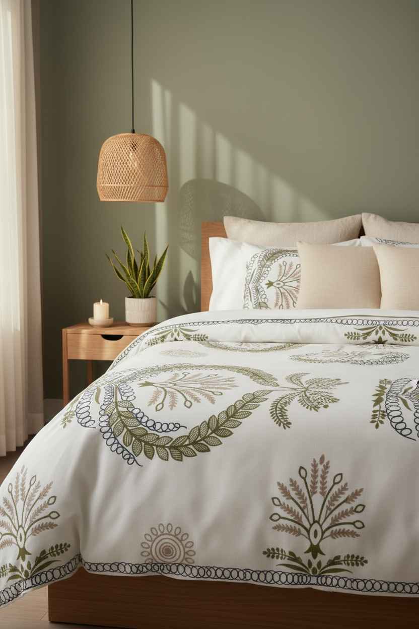 Double Bed Bedsheet – Botanical Wreath Print | White & Olive Green