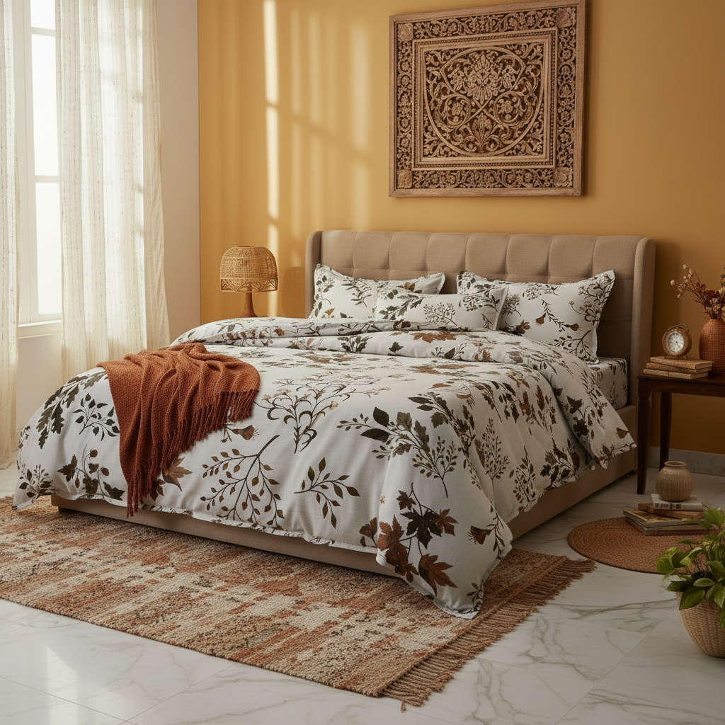 King Size Bedsheet Set - Designer Collection | 108x108 Inches | 1 Bedsheet + 2 Pillow Covers | Artistic black and brown leaf patterns