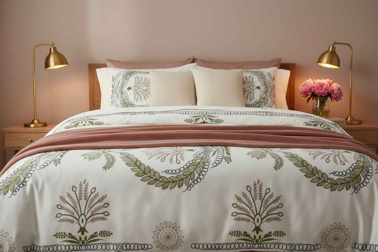 Double Bed Bedsheet – Botanical Wreath Print | White & Olive Green