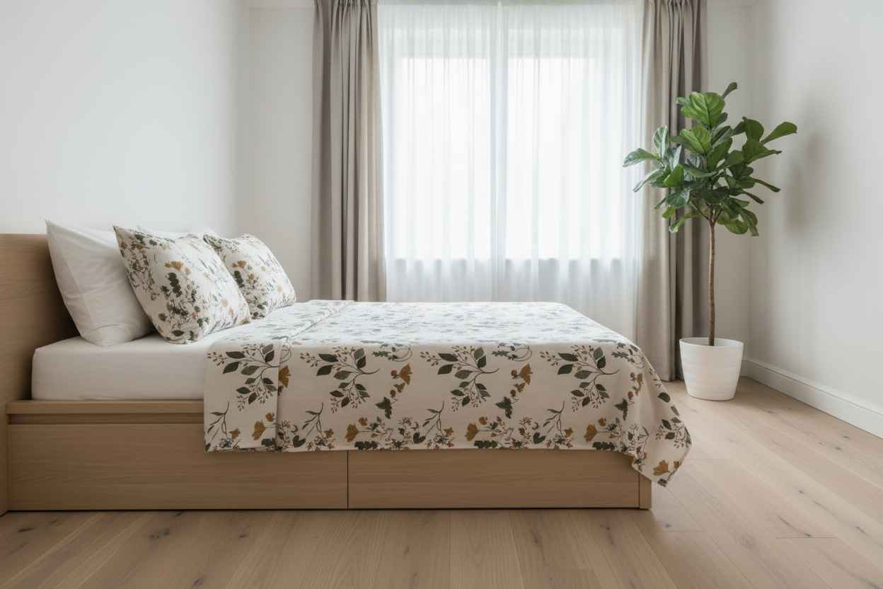 Botanical Leaf & Berry Vine Bedsheet — Ivory, Forest Green & Sienna