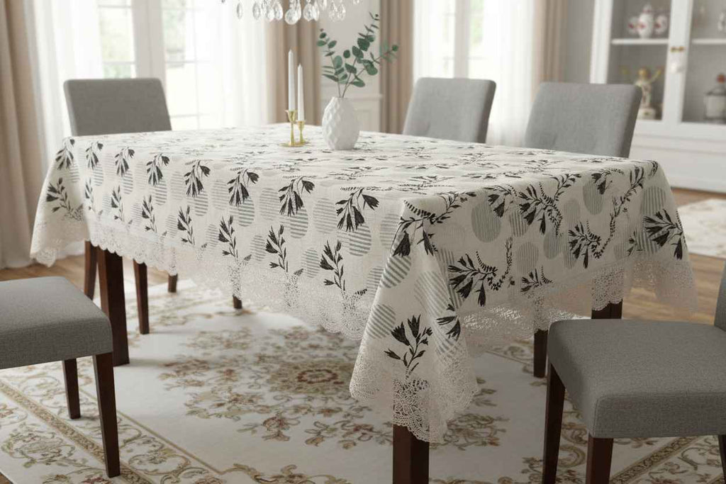 Botanical Floral Print Table Cover with Lace Border | Cream & Black