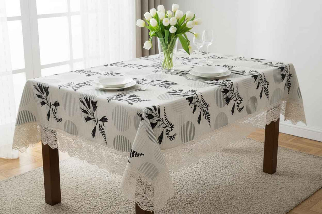 Botanical Floral Print Table Cover with Lace Border | Cream & Black
