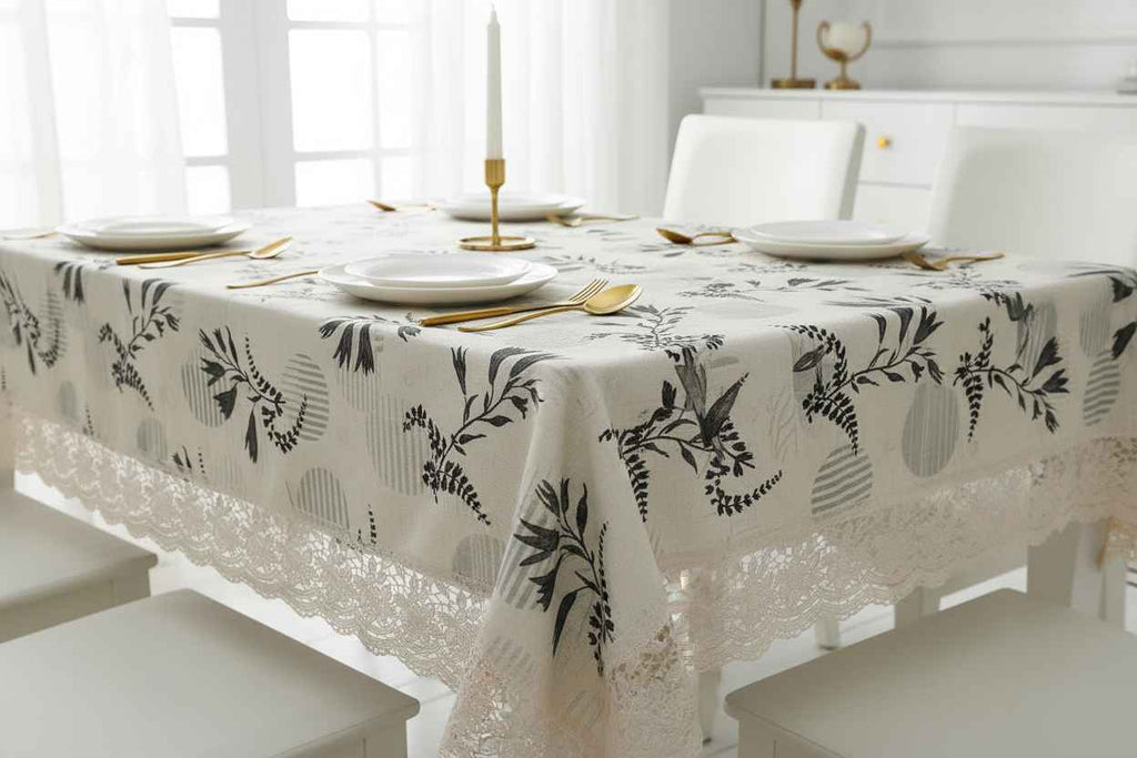 Botanical Floral Print Table Cover with Lace Border | Cream & Black