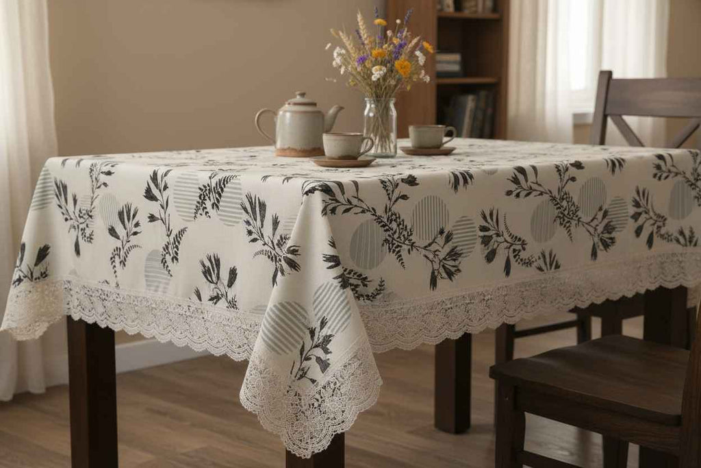 Botanical Floral Print Table Cover with Lace Border | Cream & Black