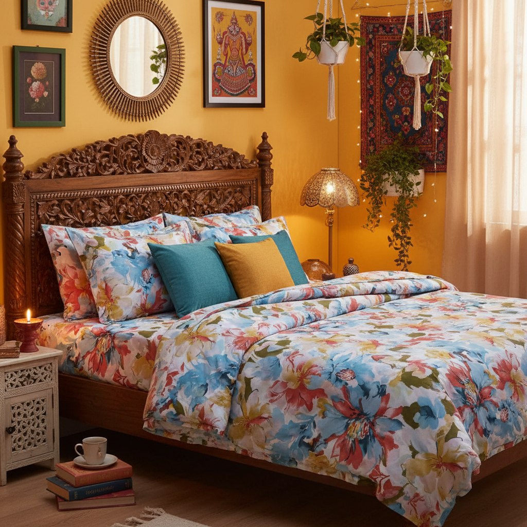 Vibrant Watercolor Floral Bedsheet Set - Blue Coral Yellow Pink Design with Pillow Covers - Queen Size