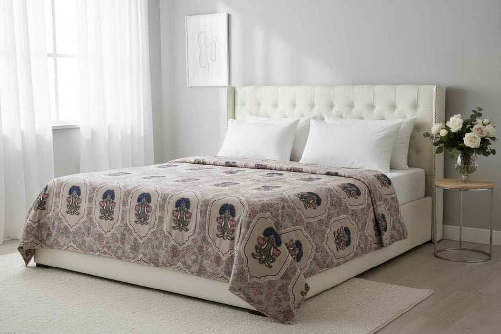 Double Bed Bedsheet – Mughal Floral Print | Beige & Indigo