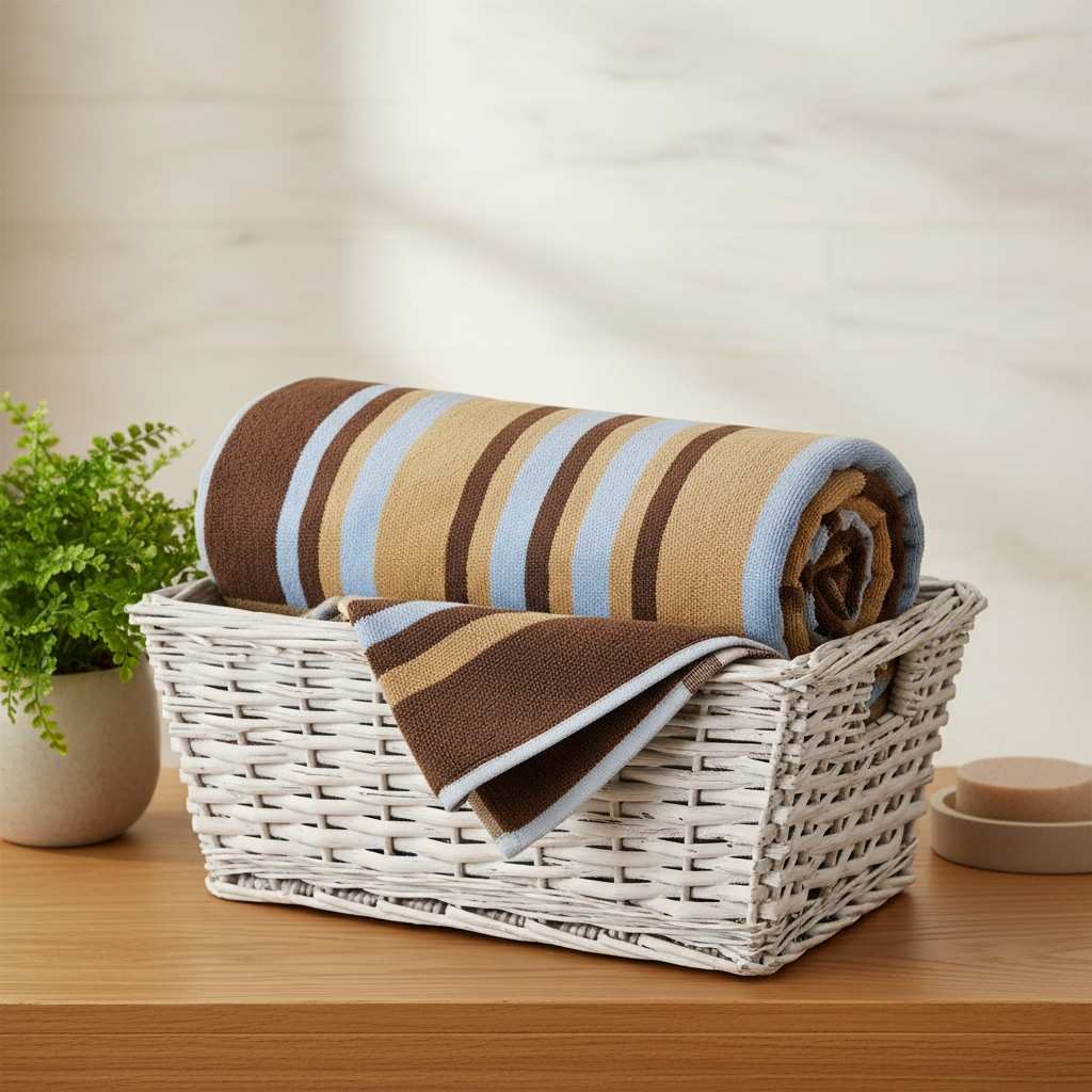 Cotton Bath Towel | Brown, Camel & Sky Blue Stripes | Ultra Soft, Super Absorbent & Quick Dry | Unisex