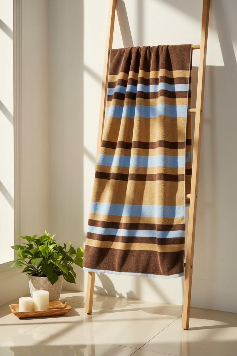Cotton Bath Towel | Brown, Camel & Sky Blue Stripes | Ultra Soft, Super Absorbent & Quick Dry | Unisex