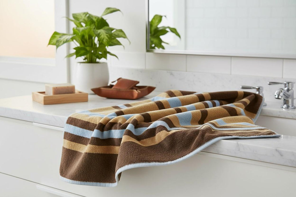 Cotton Bath Towel | Brown, Camel & Sky Blue Stripes | Ultra Soft, Super Absorbent & Quick Dry | Unisex