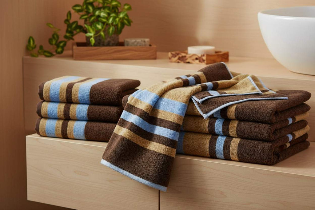 Cotton Bath Towel | Brown, Camel & Sky Blue Stripes | Ultra Soft, Super Absorbent & Quick Dry | Unisex