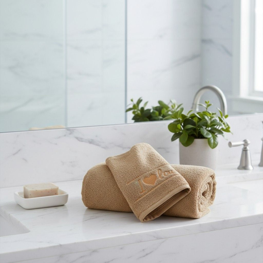 Bath Towel Microfiber | Camel | "I ♥ You" Embroidery | Ultra Soft & Quick Dry | Unisex