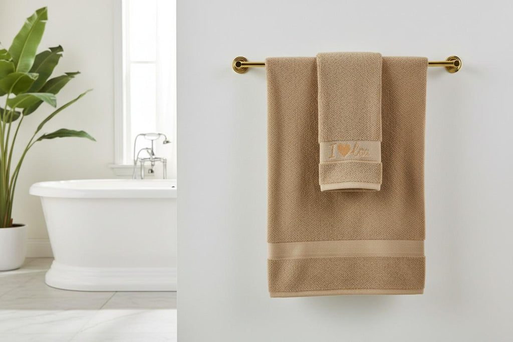 Bath Towel Microfiber | Camel | "I ♥ You" Embroidery | Ultra Soft & Quick Dry | Unisex