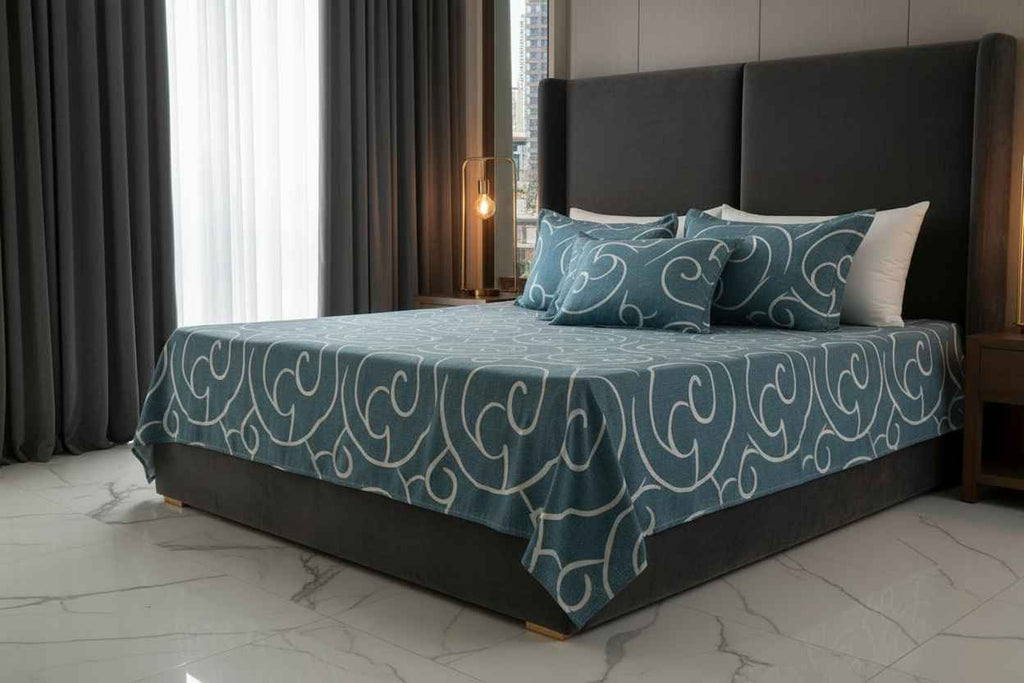 Teal Swirl Print Double Bedsheet with Pillow Covers