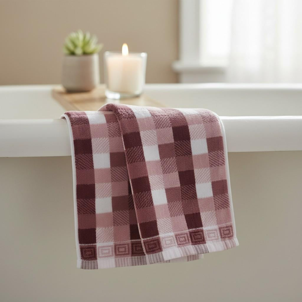 Hand Towel Maroon & Pink Checkered | Ultra Soft, Super Absorbent & Quick Dry (Set of 4 Pcs)