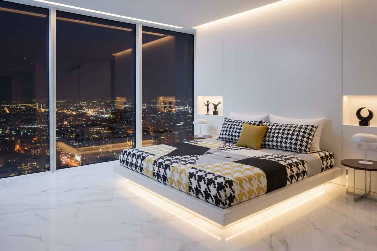 Double Bed Bedsheet – Houndstooth Patchwork | Black, White & Gold