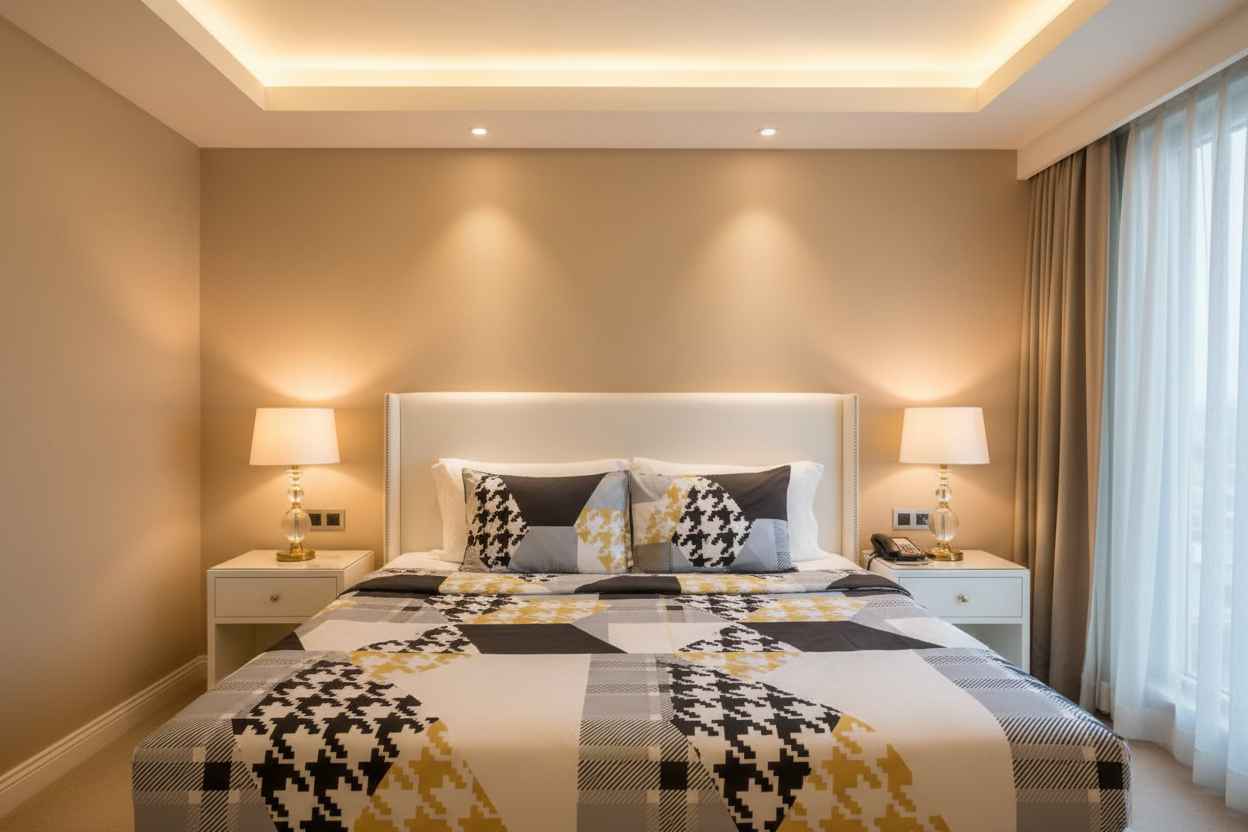 Double Bed Bedsheet – Houndstooth Patchwork | Black, White & Gold