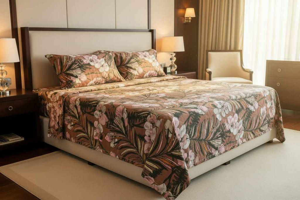 Tropical Orchid Floral Bedsheet Set — Chocolate Brown & Blush