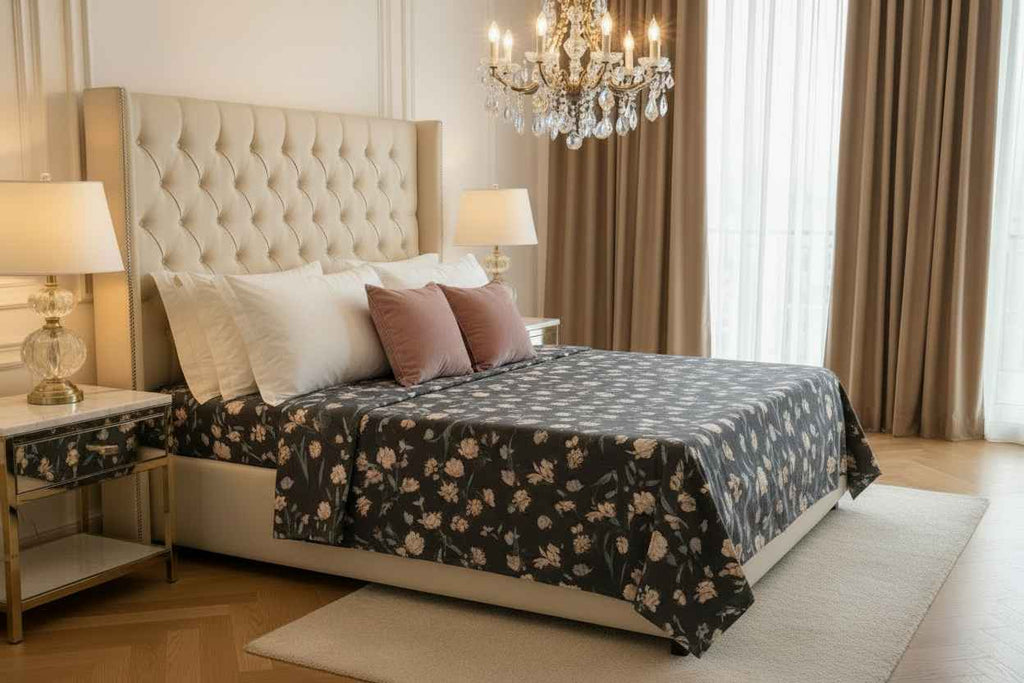Botanical Bloom King Size Bedsheet – Dark Floral Embroidered