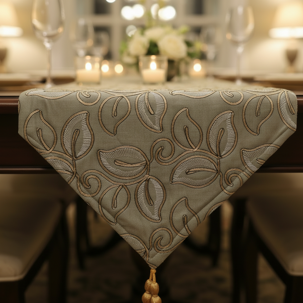 Embroidered Leaf Table Runner | Gold & Sage Green | Luxury Dining Décor silk fabric