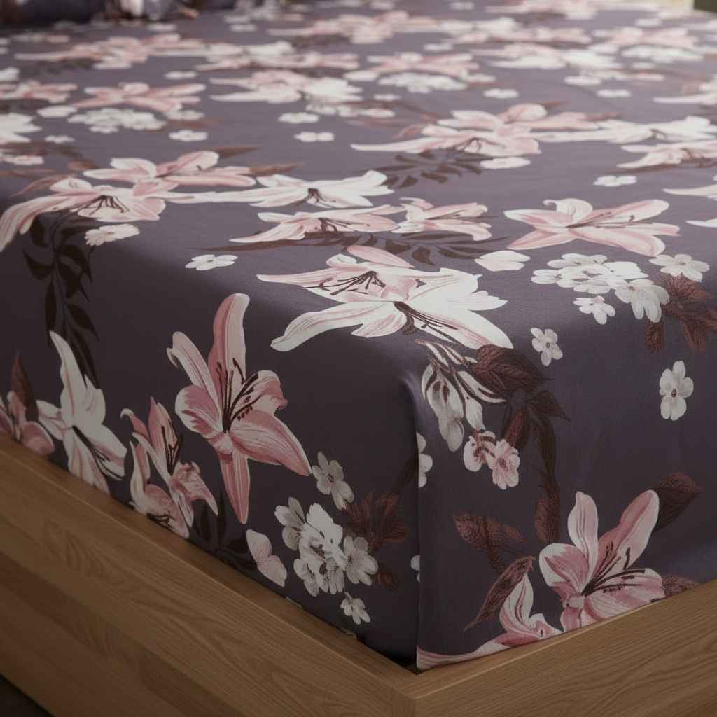 Lily Floral Printed Bedsheet | Charcoal Grey with Pink & White Blooms