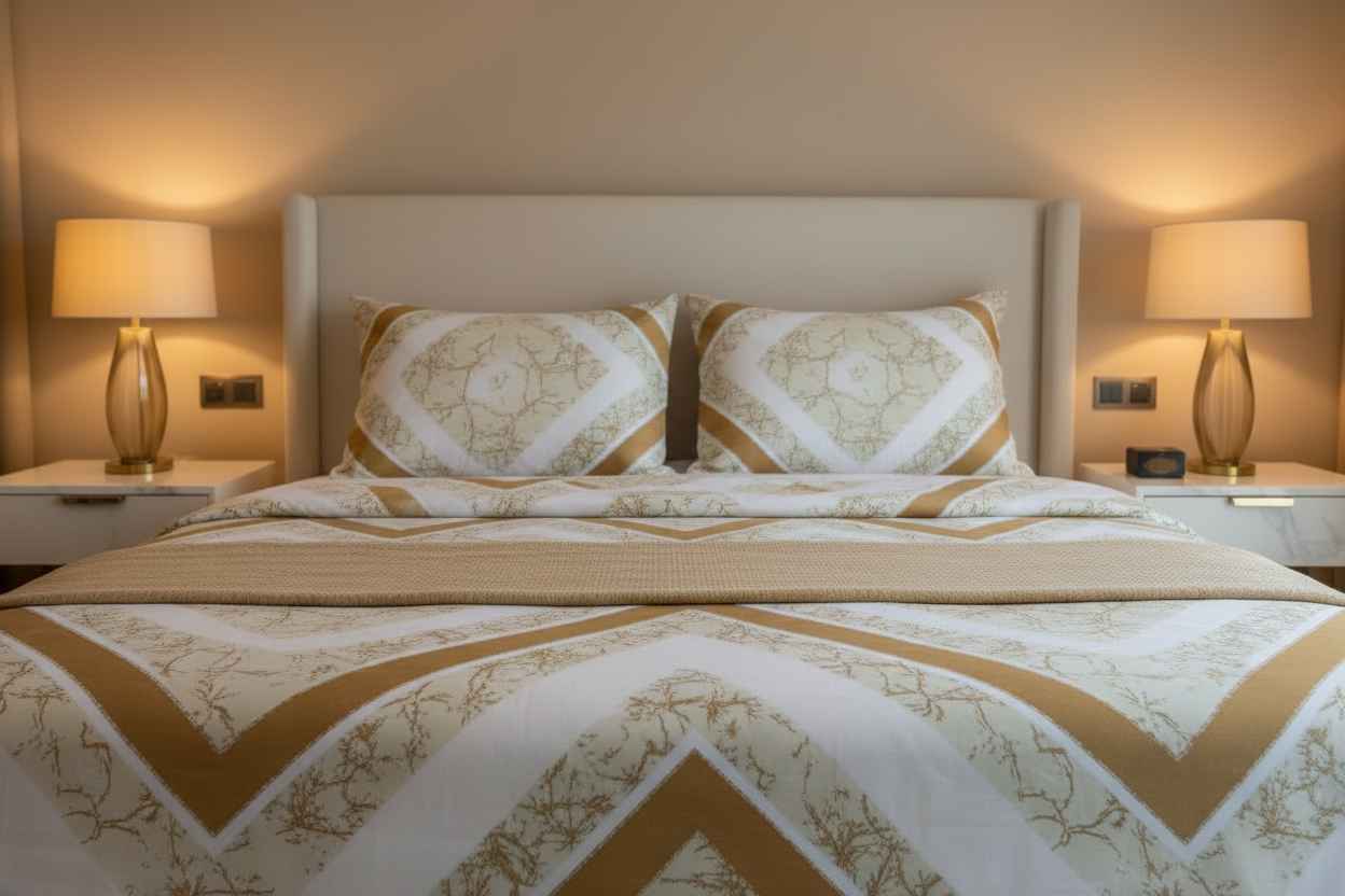 Double Bed Bedsheet – Gold Chevron Floral Print | White & Gold