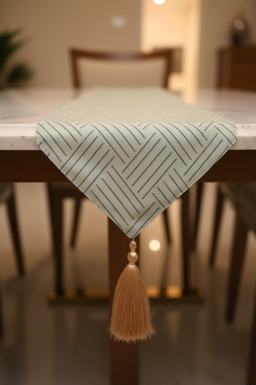 Mint Green Foil Lines Table Runner with Silk Tassel
