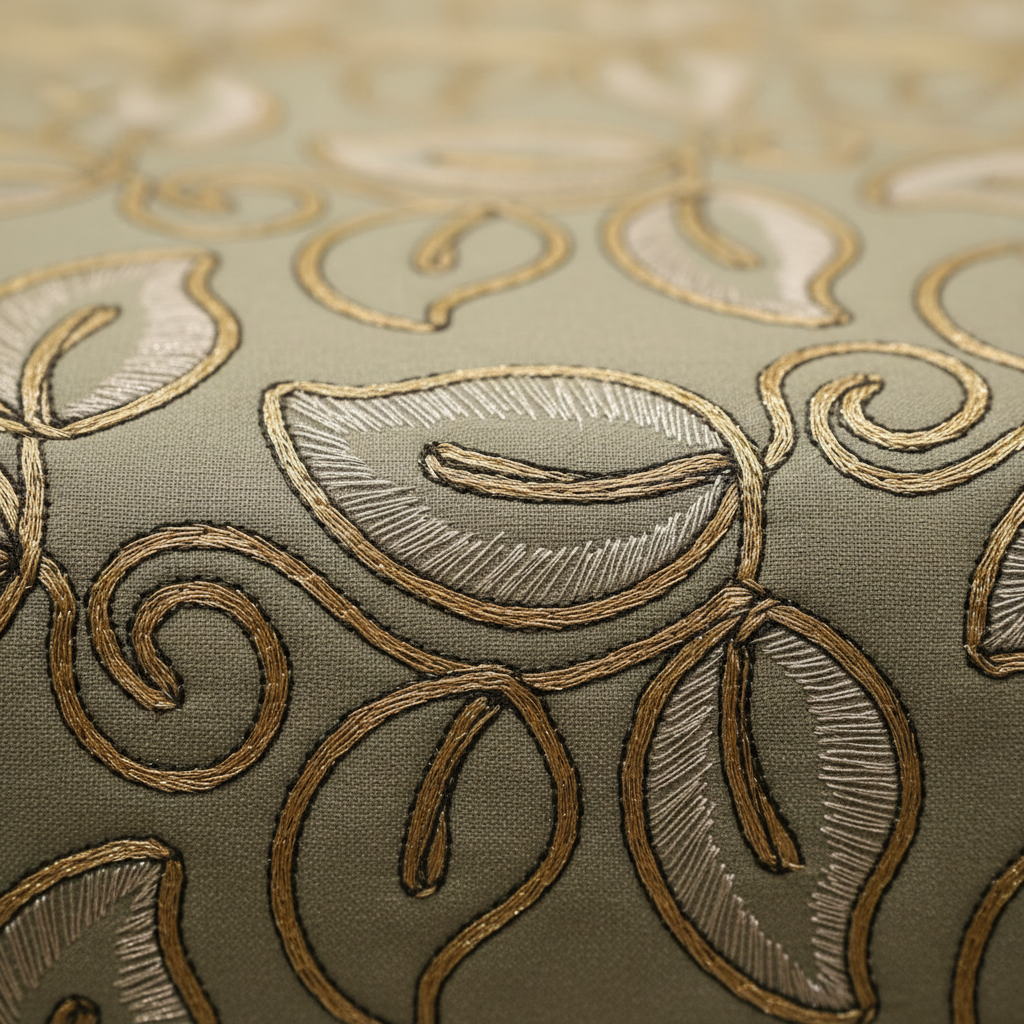 Embroidered Leaf Table Runner | Gold & Sage Green | Luxury Dining Décor silk fabric
