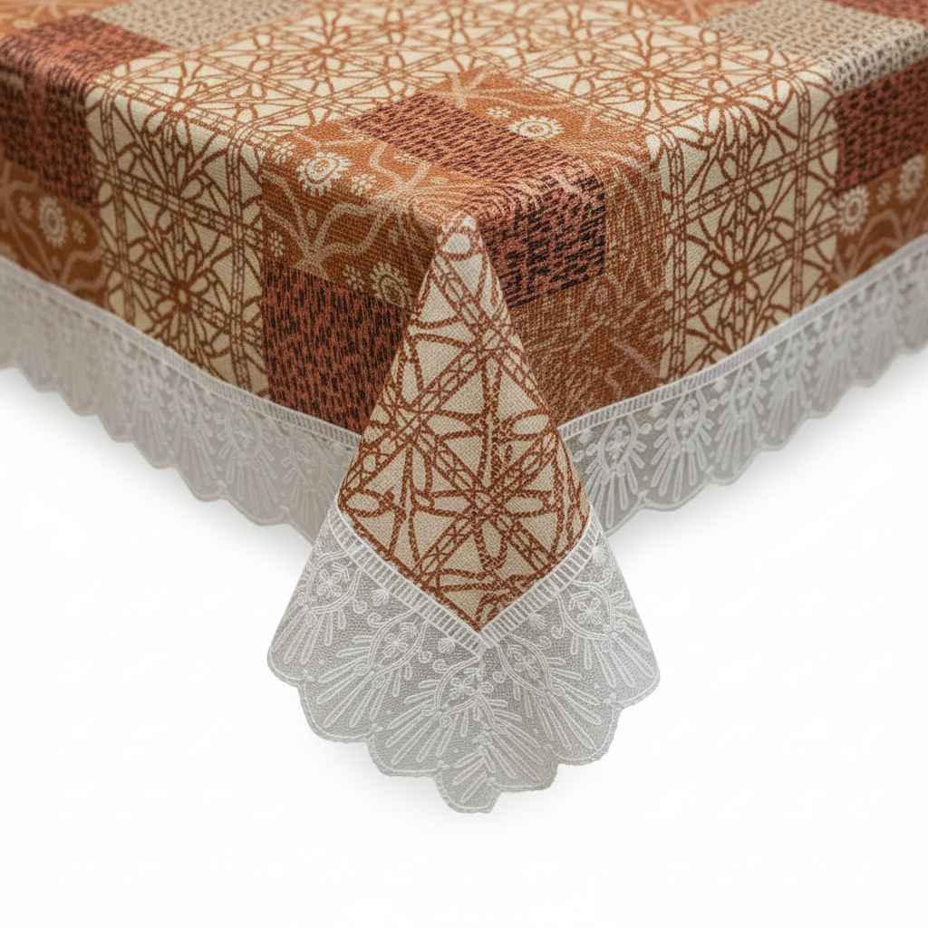 Patchwork Lace Border Table Cover | Brown & Cream