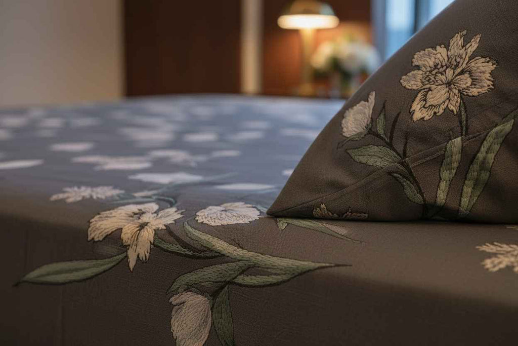Botanical Bloom King Size Bedsheet – Dark Floral Embroidered