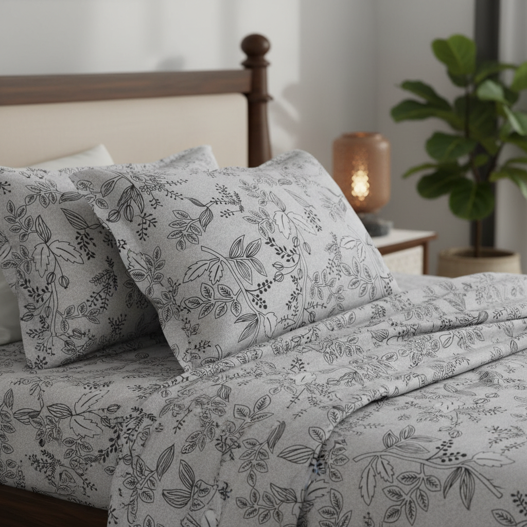 Premium Botanical Leaf Pattern Bedsheet Set - Grey & White with Pillow Covers - Queen Size