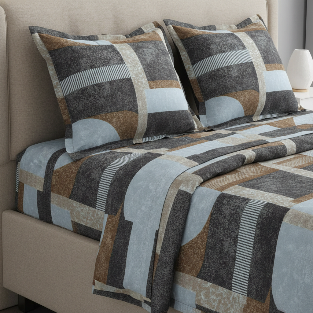 Modern Geometric Abstract Bedsheet Set - Grey Blue Brown Striped Design with Pillow Covers - Queen Size