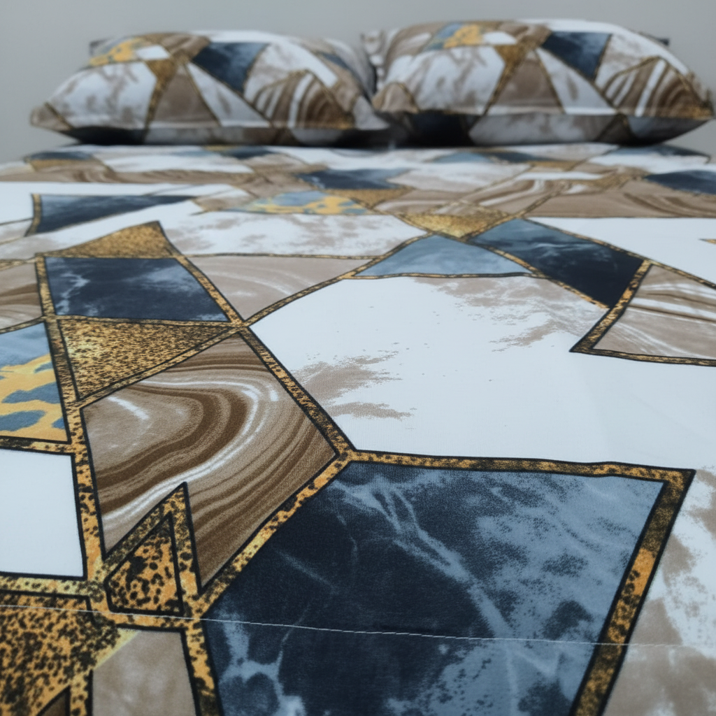 Luxury Geometric Marble Bedsheet Set - Navy Blue Gold Beige Agate Design with Pillow Covers - Queen Size