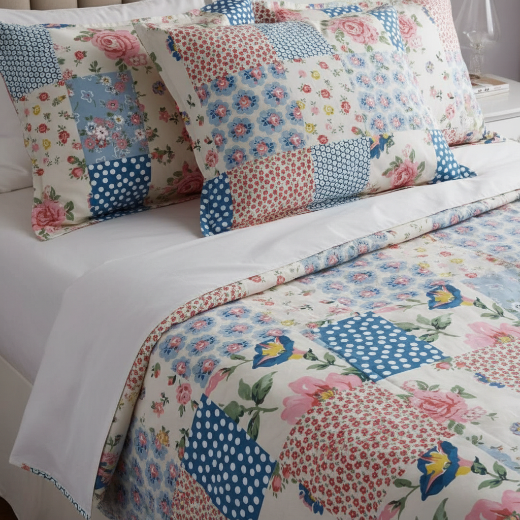 Premium Patchwork Floral Bedsheet Set - Cottage Style Pink Blue Polka Dots with Pillow Covers - Queen Size