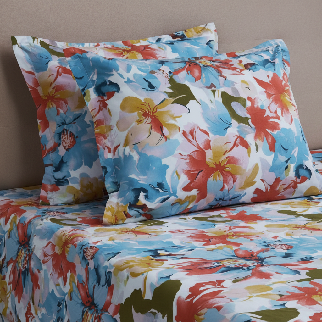 Vibrant Watercolor Floral Bedsheet Set - Blue Coral Yellow Pink Design with Pillow Covers - Queen Size