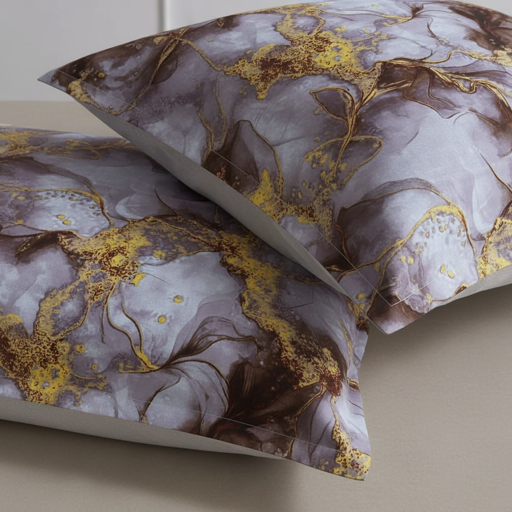 Luxury Grey Gold Watercolor Floral Bedsheet Set - Elegant Abstract Design with Pillow Covers - Queen Size
