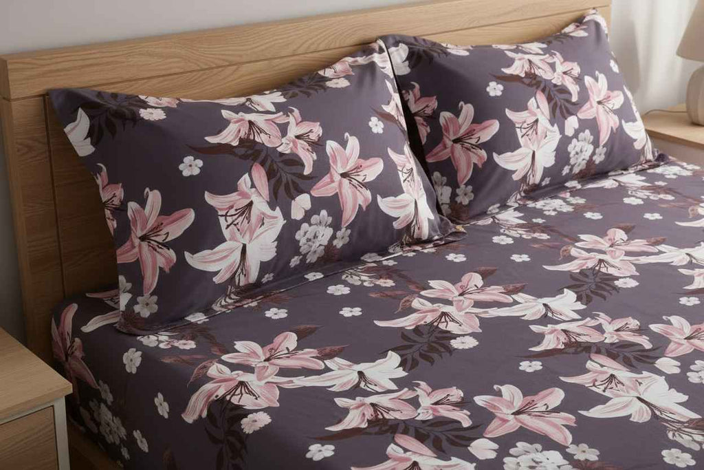 Lily Floral Printed Bedsheet | Charcoal Grey with Pink & White Blooms