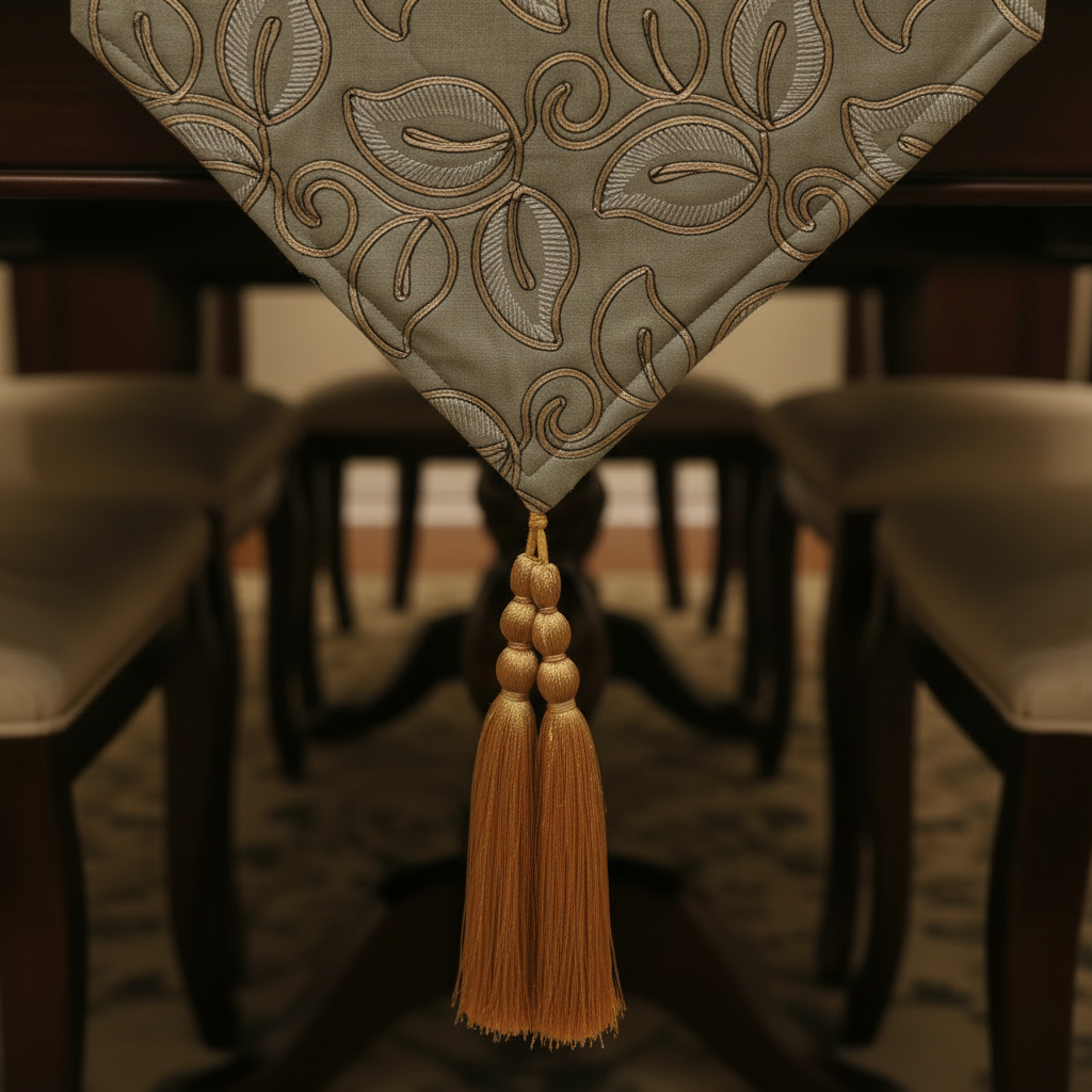 Embroidered Leaf Table Runner | Gold & Sage Green | Luxury Dining Décor silk fabric