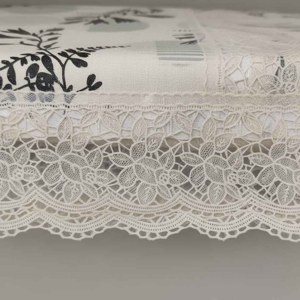 Botanical Floral Print Table Cover with Lace Border | Cream & Black