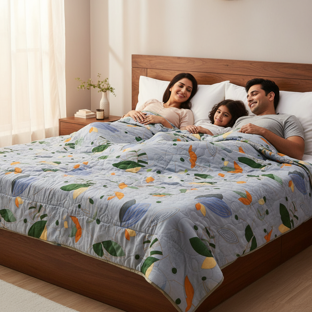 Summer Comforter Blue Abstract Geometric Double Bed  | Modern Quilted Bedding