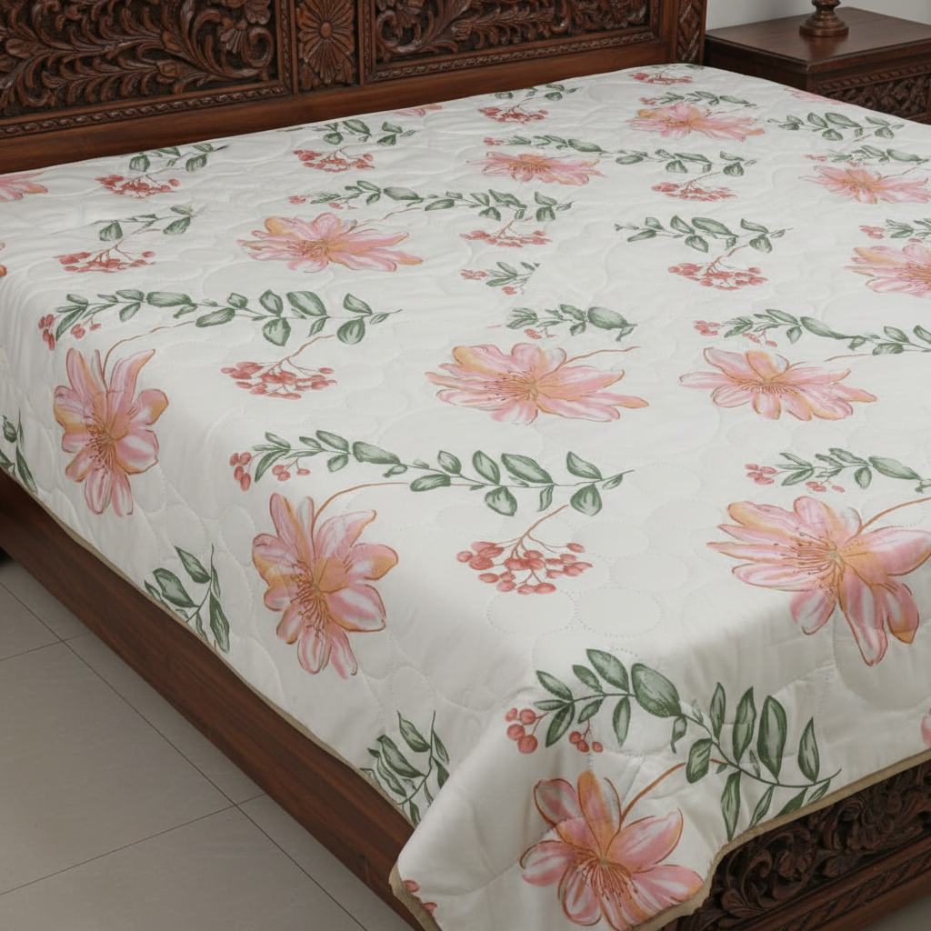 Summer Comforter Premium Pink Floral Double Bed  | Lightweight Quilted Bedding