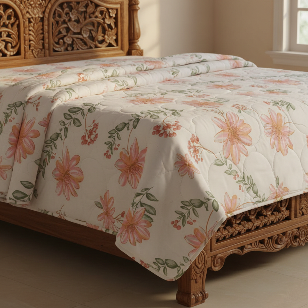 Summer Comforter Premium Pink Floral Double Bed  | Lightweight Quilted Bedding