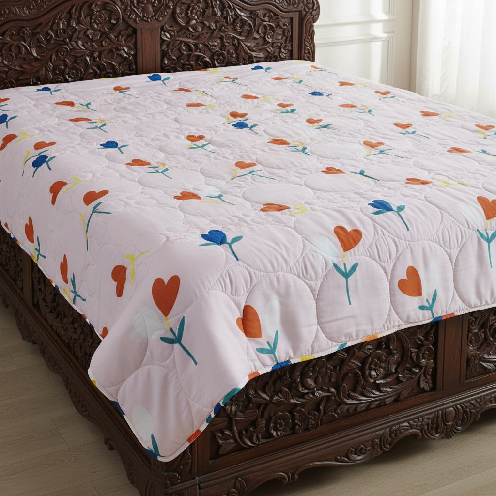 Summer Comforter Heart Floral Double Bed  | Blue & Orange Quilted Bedding