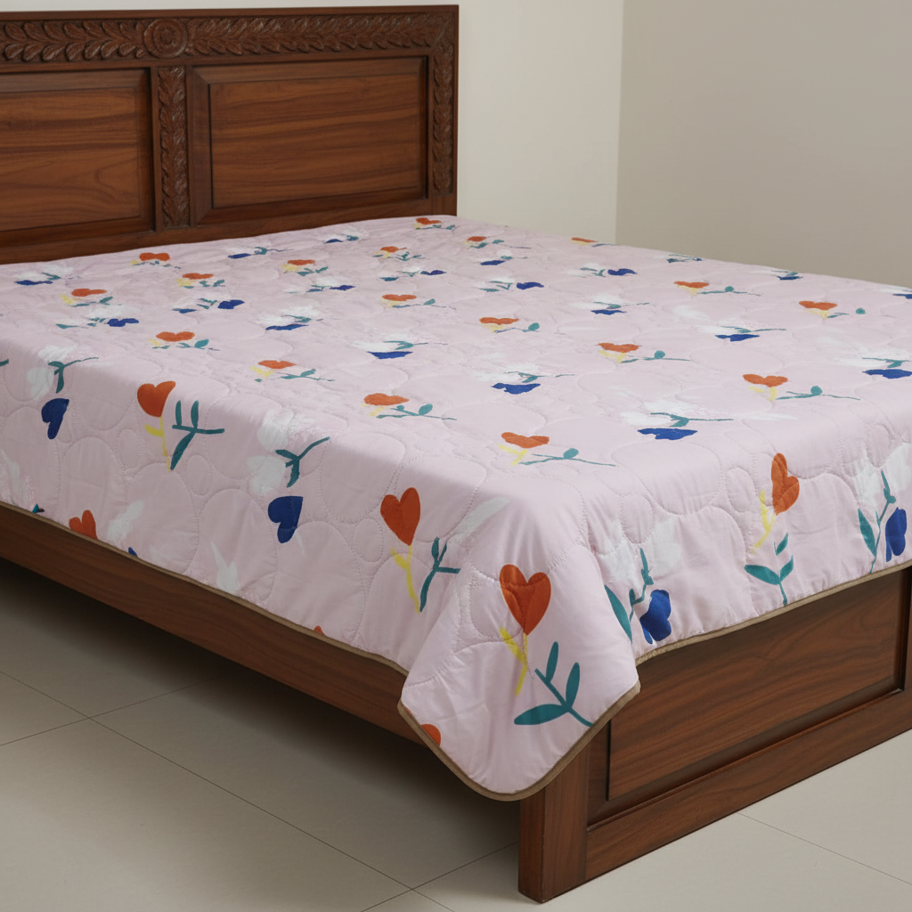 Summer Comforter Heart Floral Double Bed  | Blue & Orange Quilted Bedding