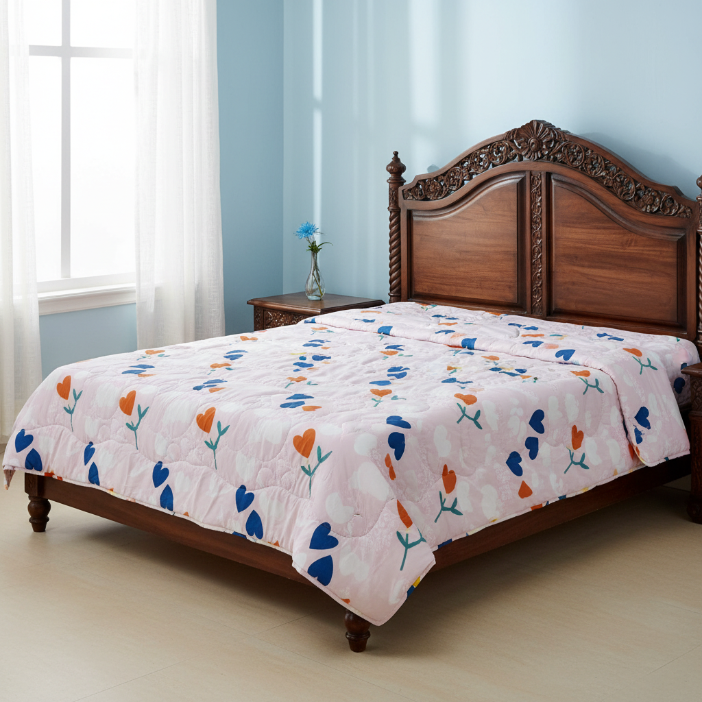 Summer Comforter Heart Floral Double Bed  | Blue & Orange Quilted Bedding