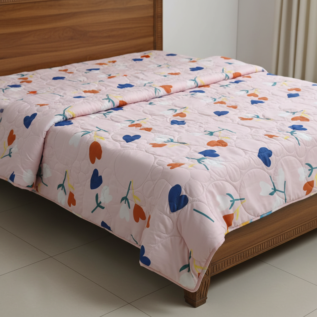 Summer Comforter Heart Floral Double Bed  | Blue & Orange Quilted Bedding