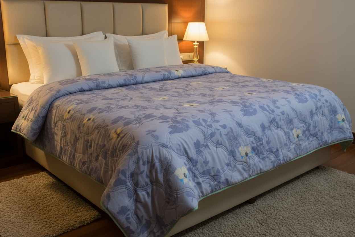 Blue Floral Double Bed Comforter | Lightweight Summer Quilted Bedding